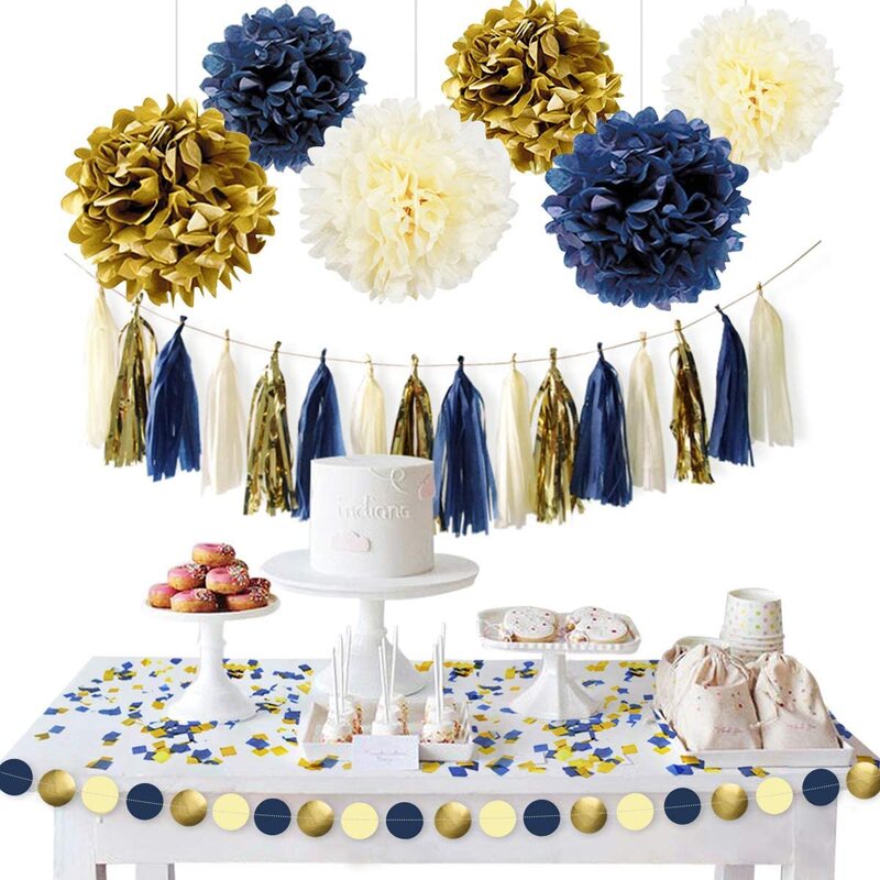 Navy Blue Gold Party Decoration Kit Nautical Baby Shower Hanging Pom Poms Paper Garland Party Confetti for Navy Party Get Ready Bridal Shower 2021